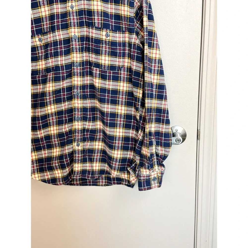 J. Crew Mens Flannel Shirt L Blue Yellow Plaid Cotton‎ Long Sleeve AF877 Y2K